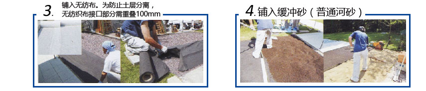3.铺入无纺布。为防止土层分离，无纺织布接口部分需重叠100mm；4.铺入缓冲砂（普通河砂）；